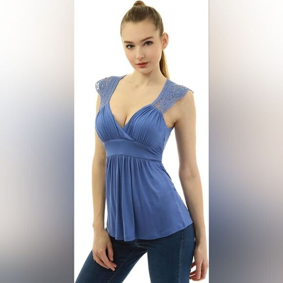 AmélieBoutik Women Crochet Lace Ruched Tie Back Sleeveless Top Blue L - Picture 3 of 11